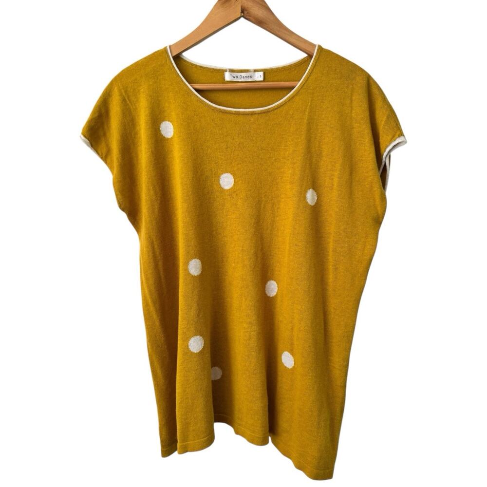 Two Danes Mustard Yellow Linen Blend Short Sleeve Polka Dot Top Women’s Small